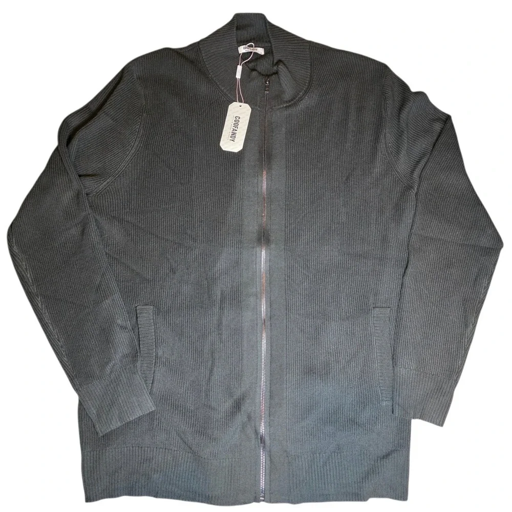 COOFANDY Men Full Zip Knit Cardigan Sweater Jacket Black Ribbed Pockets XL NWT
